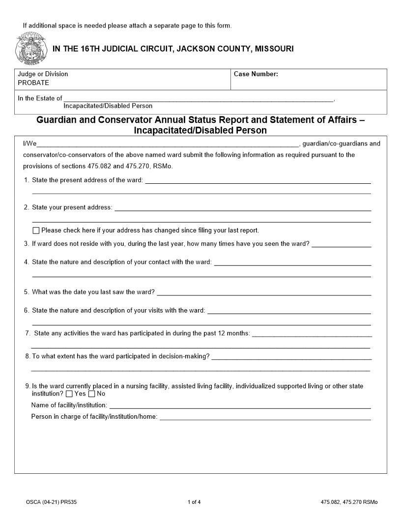 Guardian And Conservator Annual Status Report {PR535} | Pdf Fpdf Docx | Missouri