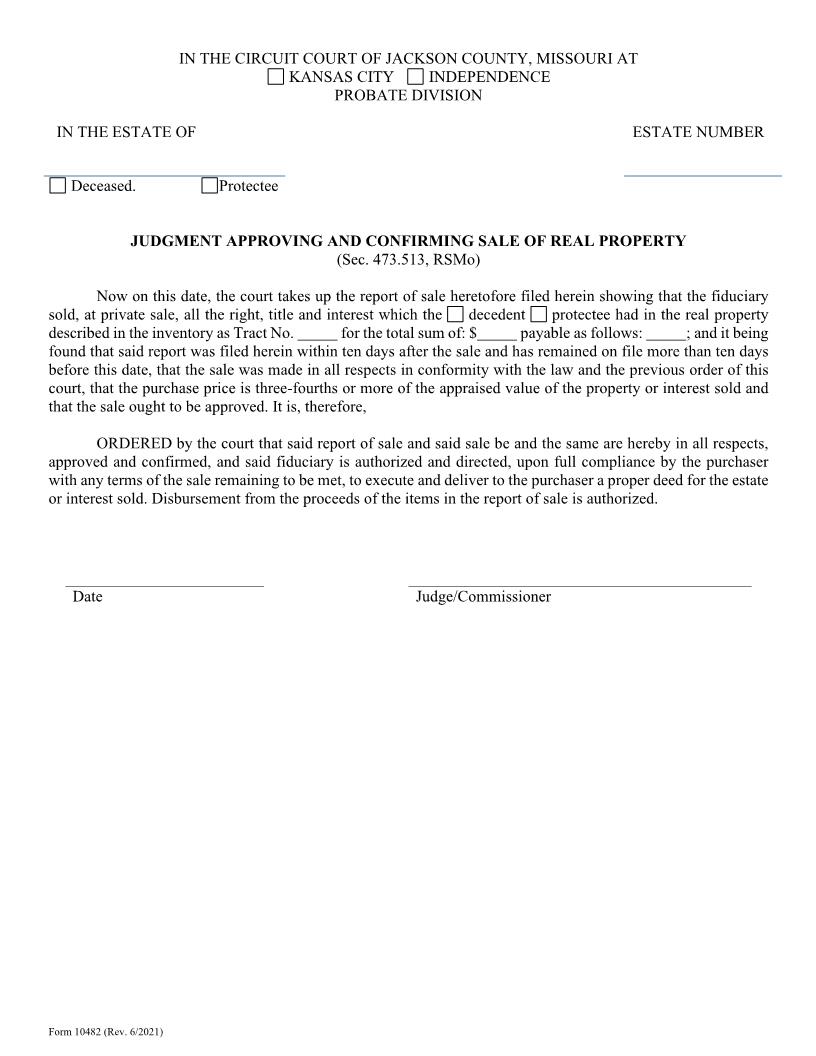 Judgment Approving And Confirming Sale Of Real Property {10482} | Pdf Fpdf Doc Docx | Missouri