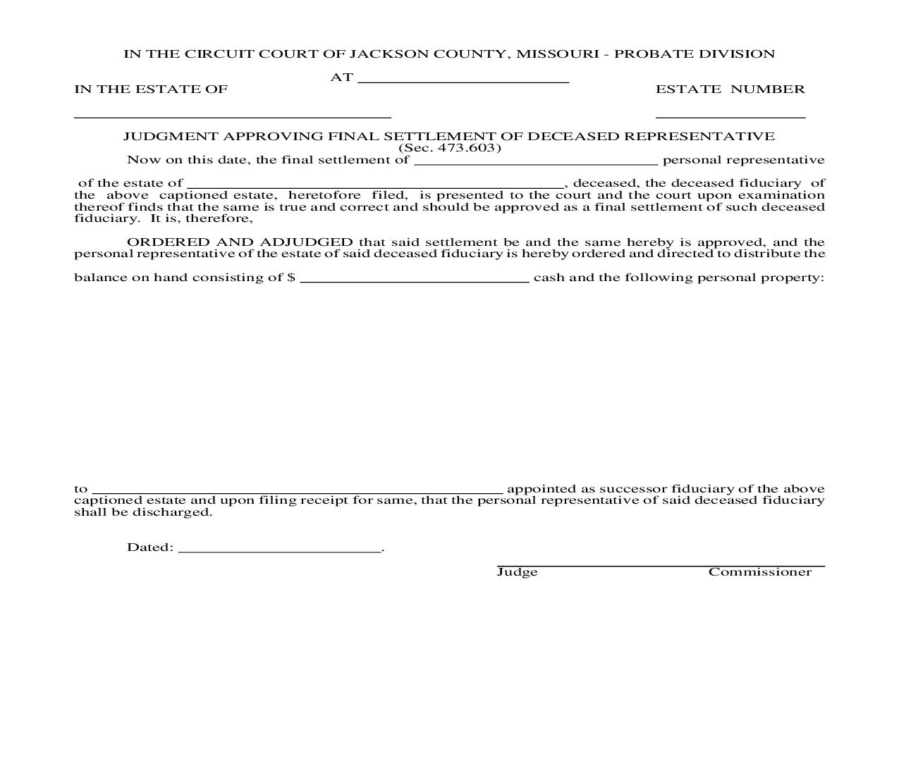 Judgment Approving Final Settlement Of Deceased Representative {10574} | Pdf Fpdf Doc Docx | Missouri