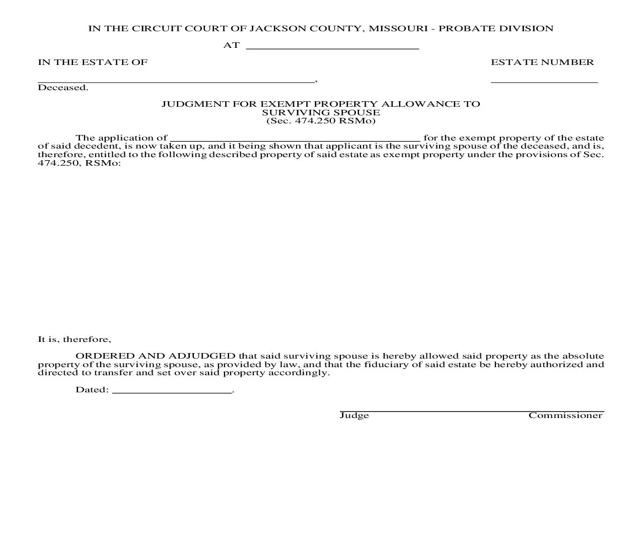 Judgment For Exempt Property Allowance To Surviving Spouse {10641} | Pdf Fpdf Doc Docx | Missouri