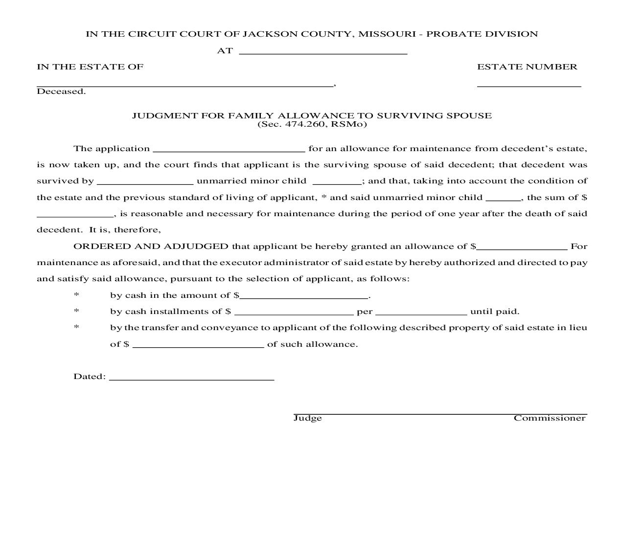 Judgment For Family Allowance To Surviving Spouse {10643} | Pdf Fpdf Doc Docx | Missouri