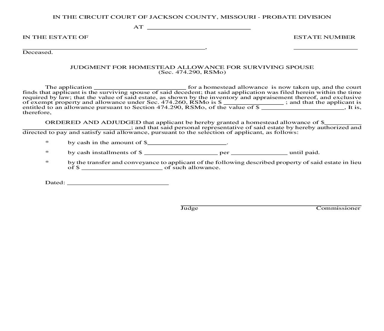 Judgment For Homestead Allowance For Surviving Spouse {10645} | Pdf Fpdf Doc Docx | Missouri