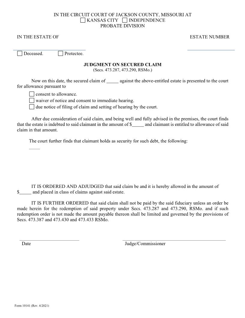Judgment On Secured Claim {10141} | Pdf Fpdf Doc Docx | Missouri