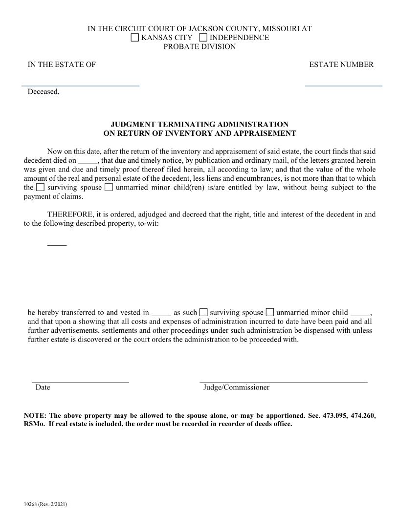 Judgment Terminating Administration On Return Of Inventory And Appraisement {10268} | Pdf Fpdf Doc Docx | Missouri