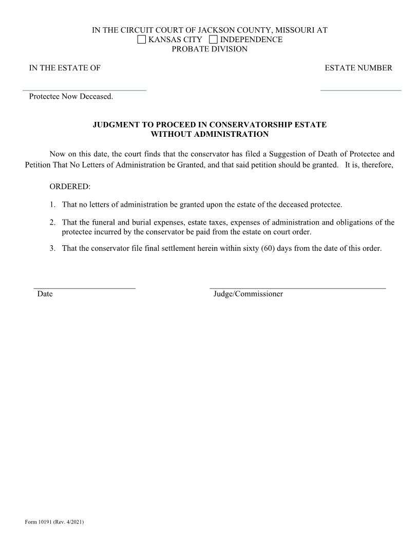 Judgment To Proceed In Conservatorship Estate Without Administration {10191} | Pdf Fpdf Docx | Missouri