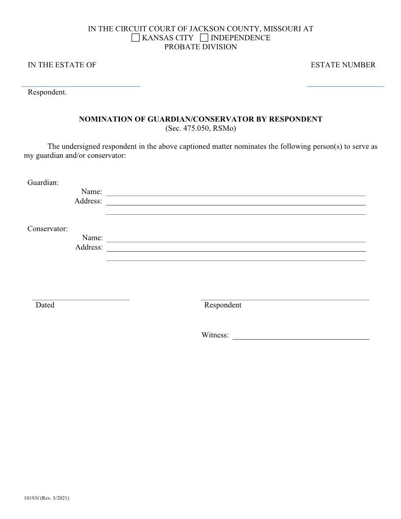 Nomination Of Guardian - Conservator {10193f} | Pdf Fpdf Doc Docx | Missouri