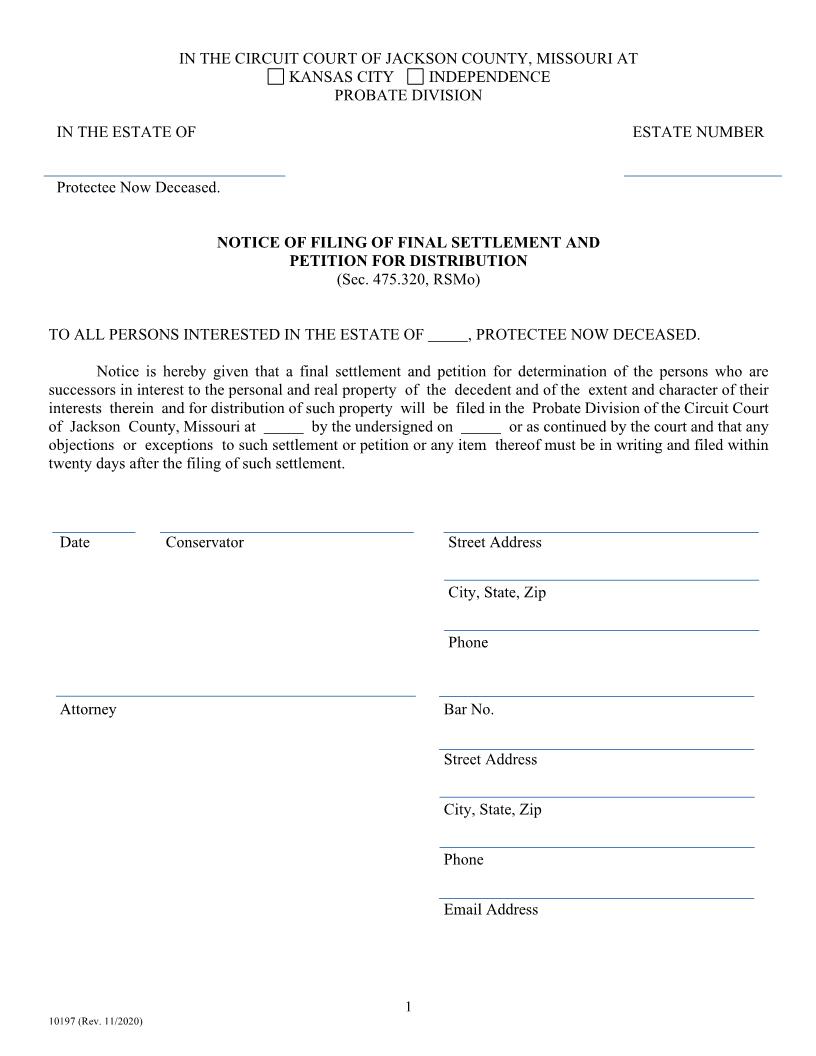 Notice Of Filing Of Final Settlement And Petition For Distribution {10197} | Pdf Fpdf Doc Docx | Missouri