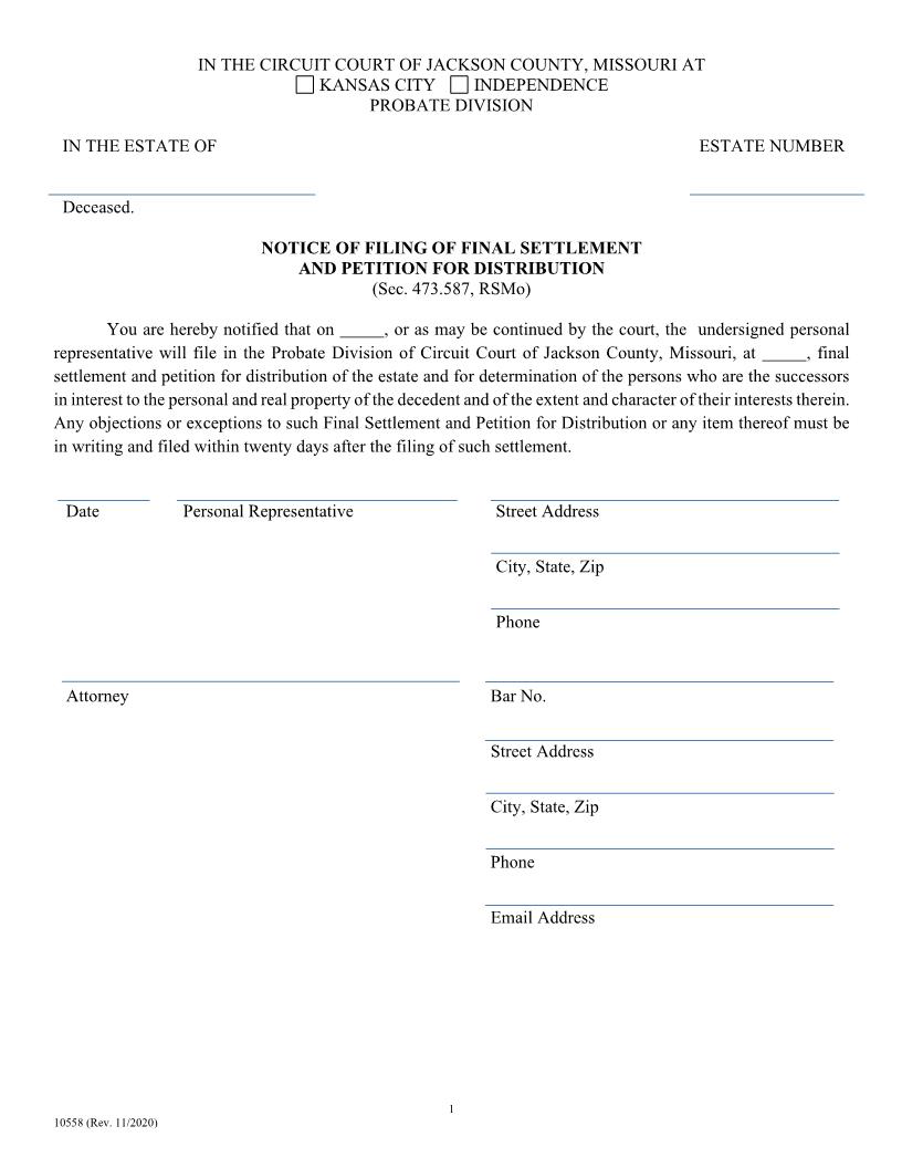Notice Of Filing Of Final Settlement And Petition For Distribution {10558} | Pdf Fpdf Doc Docx | Missouri