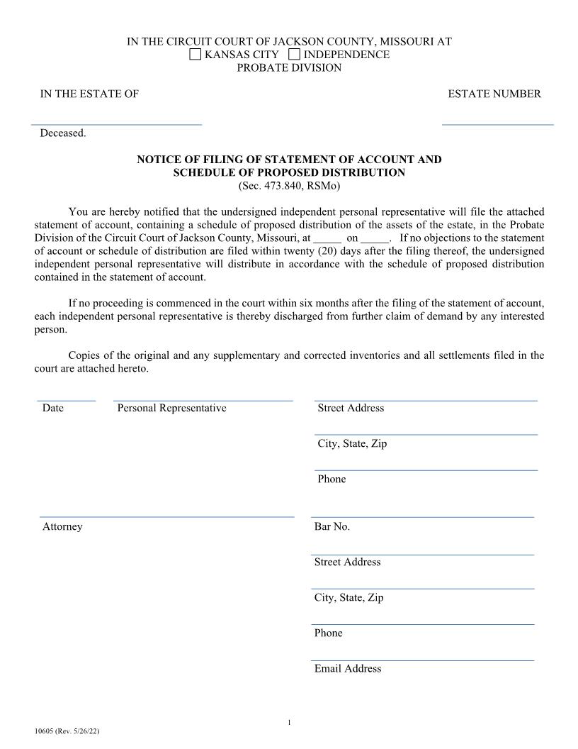 Notice Of Filing Of Statement Of Account And Schedule Of Proposed Distribution {10605} | Pdf Fpdf Doc Docx | Missouri