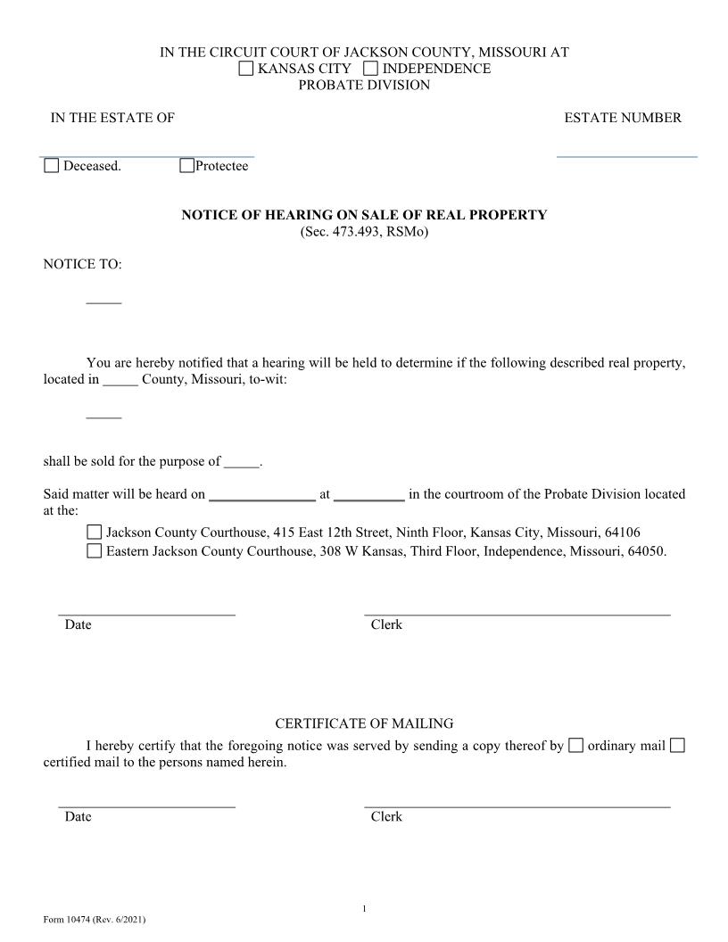 Notice Of Hearing On Sale Of Real Property {10474} | Pdf Fpdf Doc Docx | Missouri