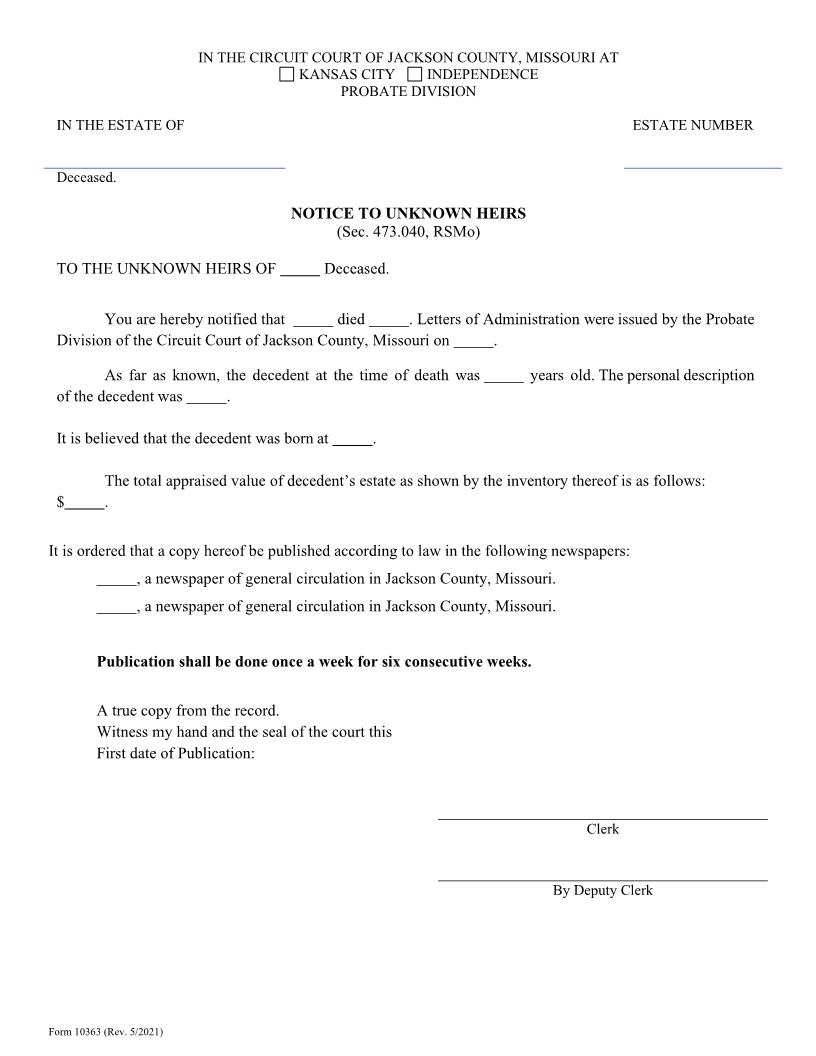 Notice To Unknown Heirs {10363} | Pdf Fpdf Doc Docx | Missouri