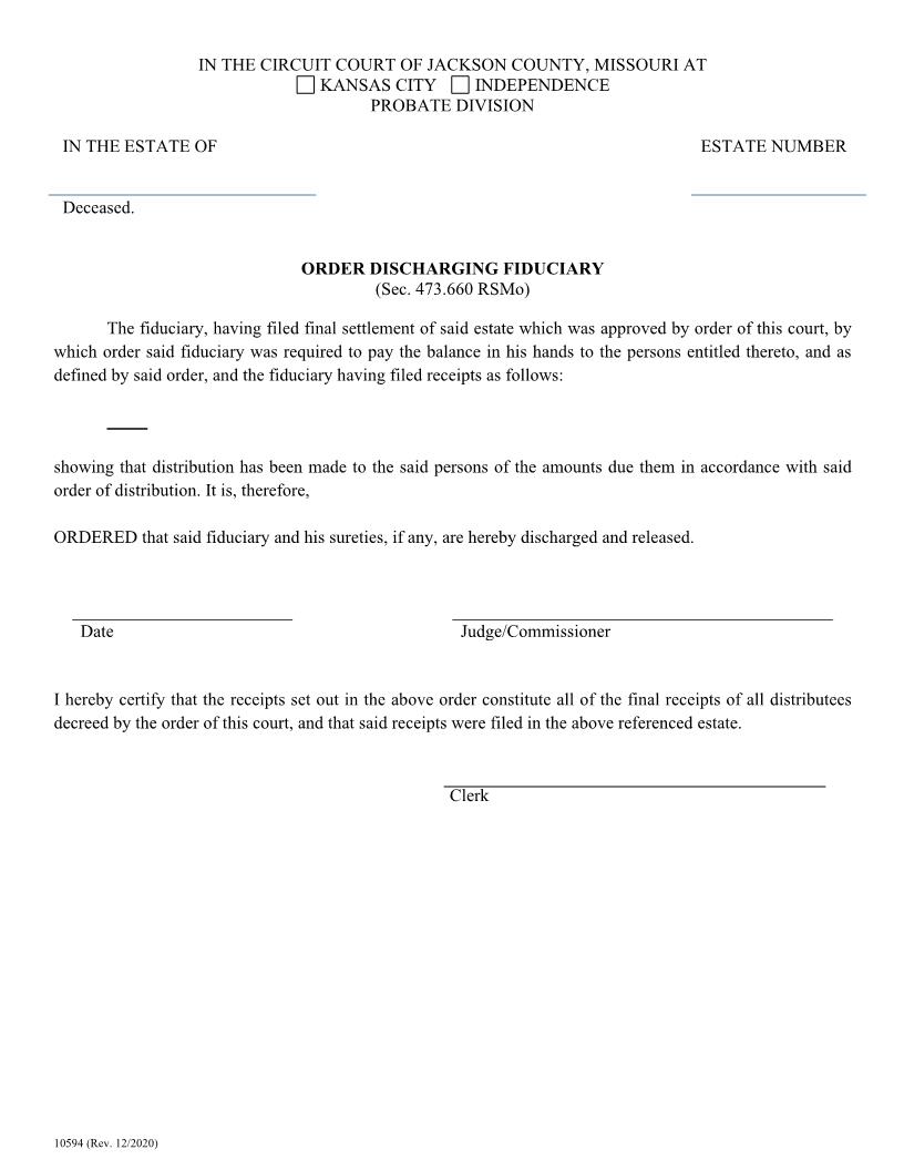 Order Discharging Fiduciary {10594} | Pdf Fpdf Doc Docx | Missouri