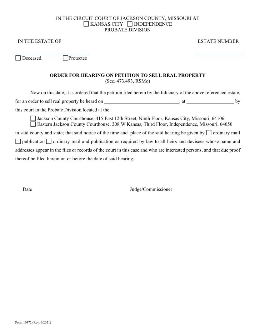 Order For Hearing On Petition To Sell Real Property {10472} | Pdf Fpdf Doc Docx | Missouri