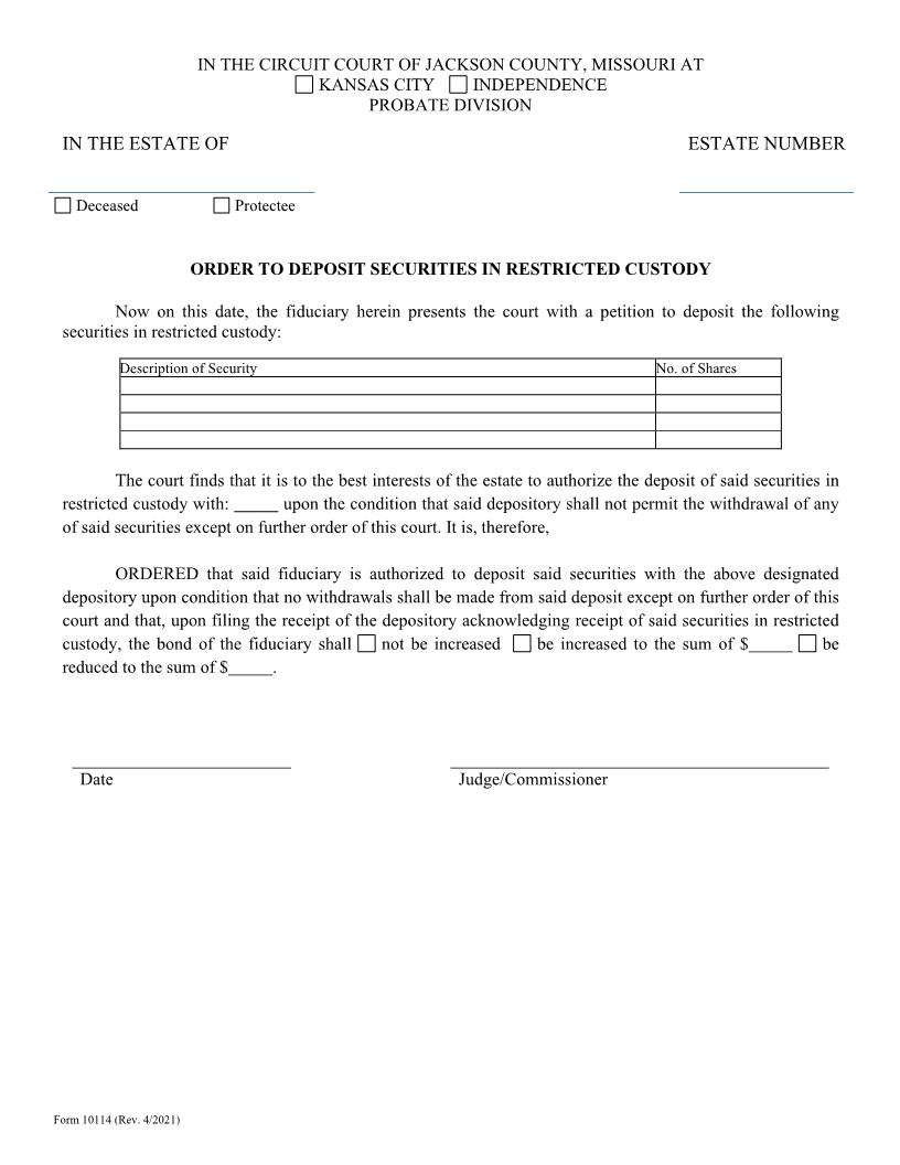 Order To Deposit Securities In Restricted Custody {10114} | Pdf Fpdf Doc Docx | Missouri