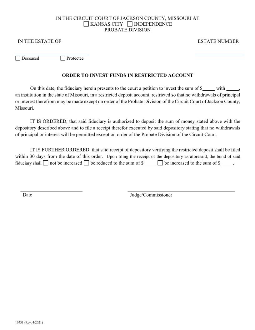 Order To Invest Funds In Restricted Account {10531} | Pdf Fpdf Doc Docx | Missouri