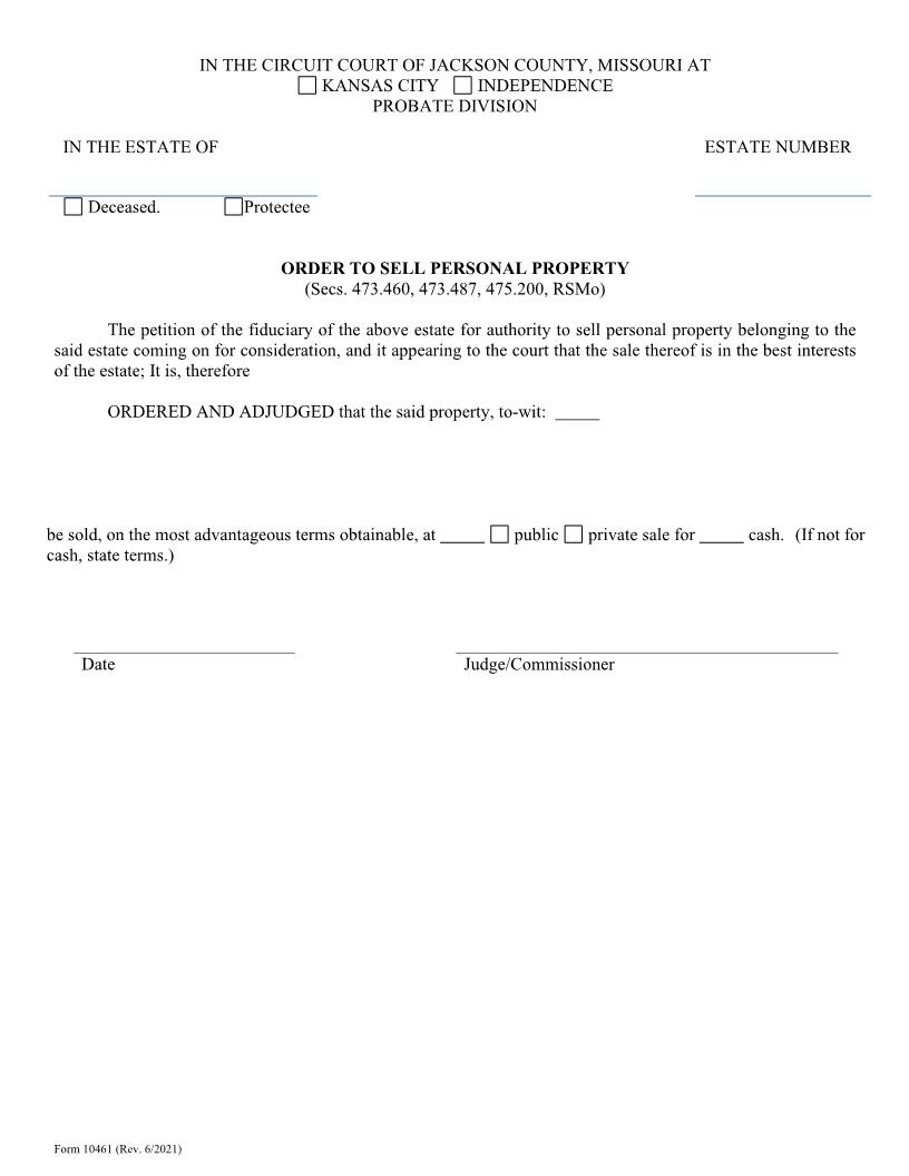 Order To Sell Personal Property {10461} | Pdf Fpdf Doc Docx | Missouri