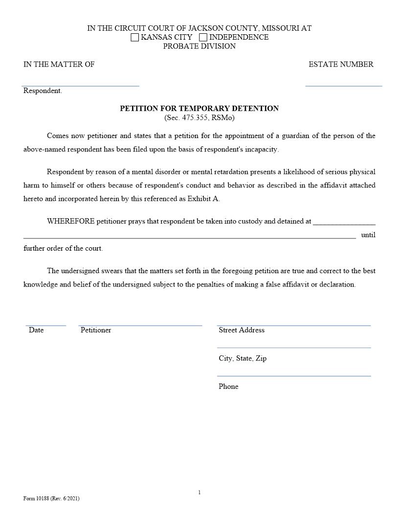 Petitiion For Temporary Detention {10188} | Pdf Fpdf Doc Docx | Missouri