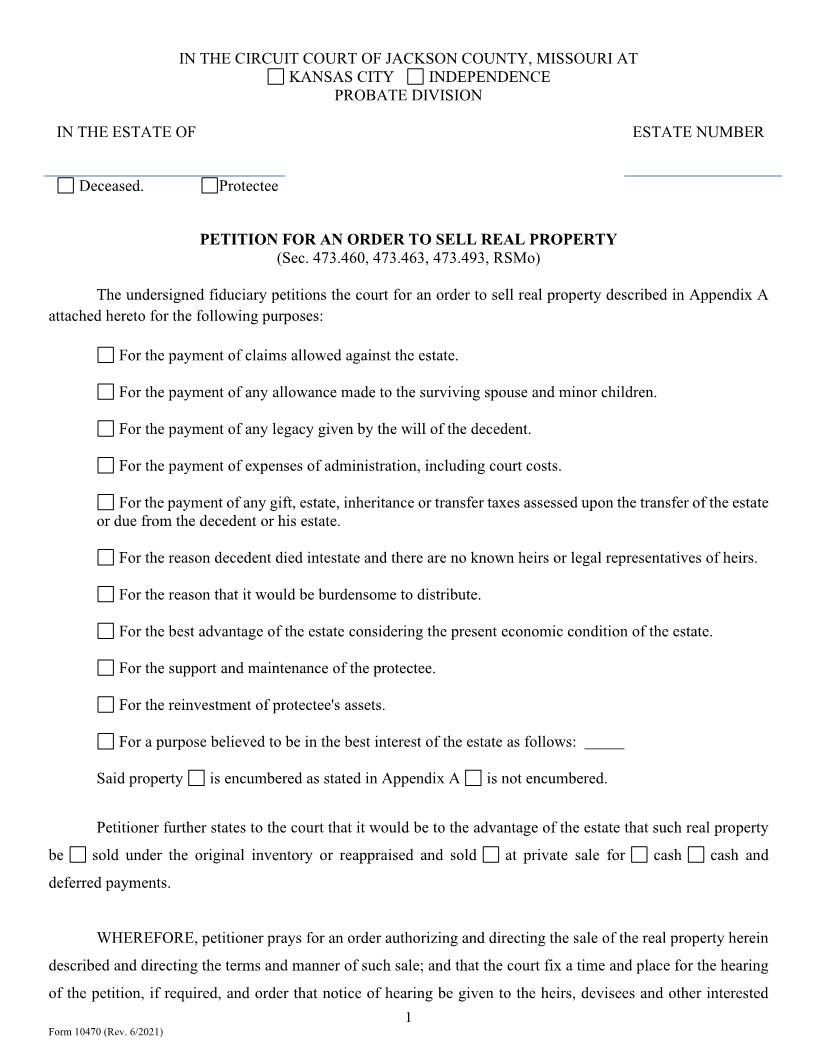 Petition For An Order To Sell Real Property {10470} | Pdf Fpdf Doc Docx | Missouri