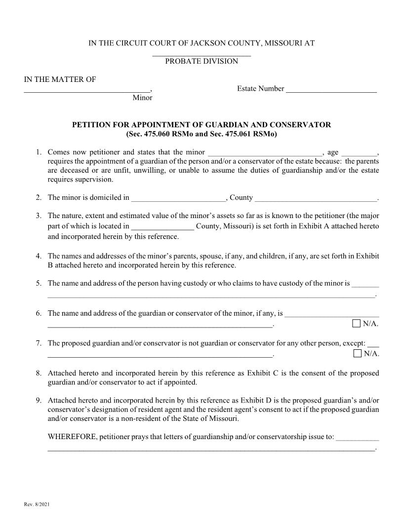Petition For Appointment Of Guardian And Conservator Of Minor | Pdf Fpdf Docx | Missouri
