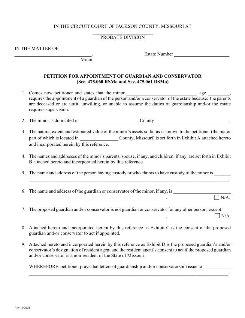 Petition For Appointment Of Guardian And Conservator | Pdf Fpdf Doc Docx | Missouri