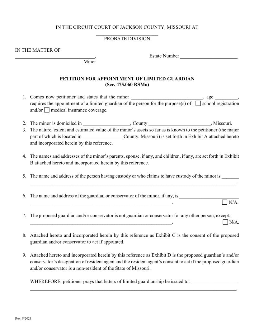 Petition For Appointment Of Limited Guardian Of Minor | Pdf Fpdf Docx | Missouri