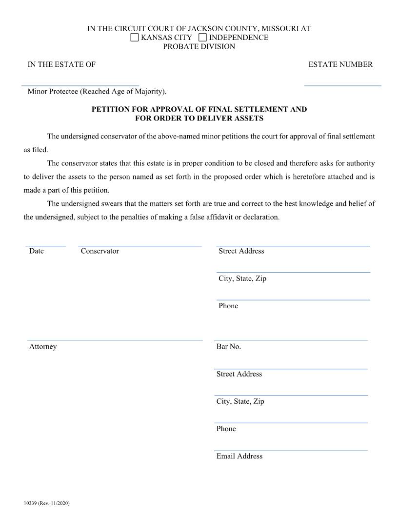 Petition For Approval Of  Final Settlement And For Order To Deliver Assets {10339} | Pdf Fpdf Doc Docx | Missouri