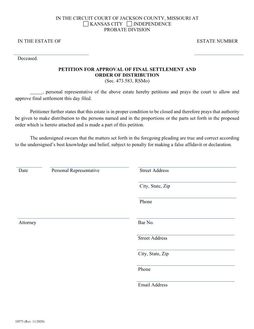 Petition For Approval Of Final Settlement And Order Of Distribution {10573} | Pdf Fpdf Doc Docx | Missouri
