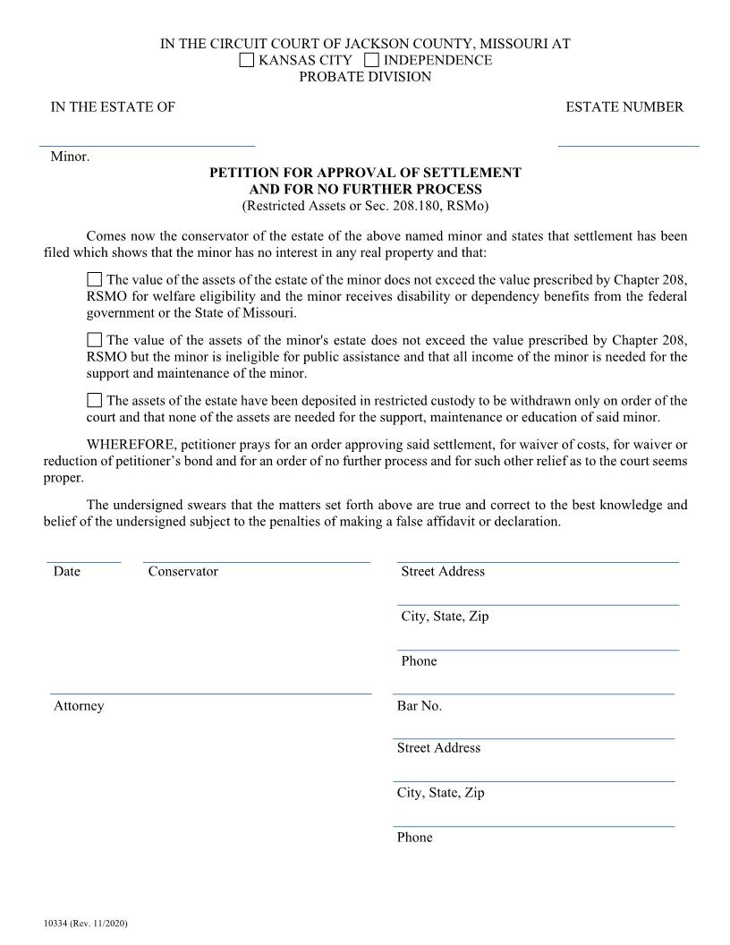 Petition For Approval Of Settlement And For No Further Process {10334} | Pdf Fpdf Doc Docx | Missouri