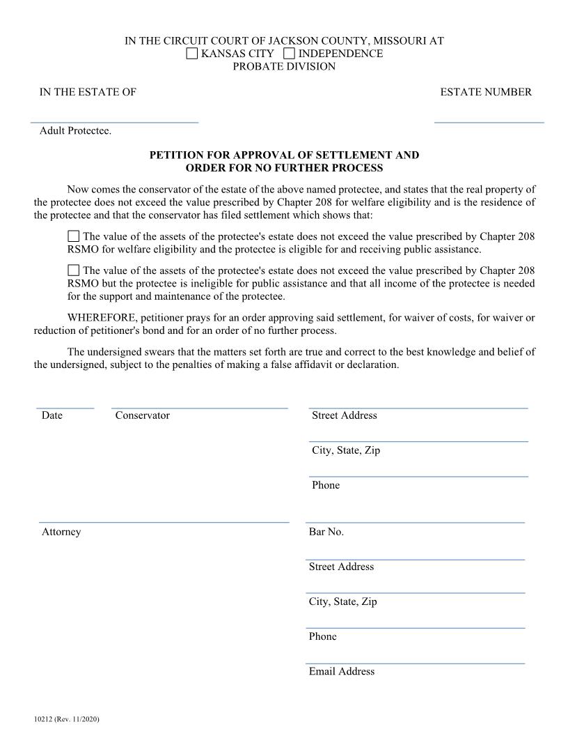 Petition For Approval Of Settlement And Order For No Further Process {10212} | Pdf Fpdf Doc Docx | Missouri