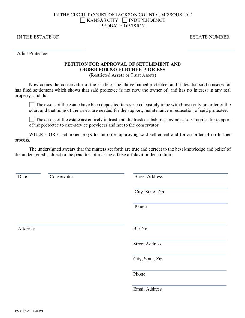 Petition For Approval Of Settlement And Order For No Further Process {10227} | Pdf Fpdf Doc Docx | Missouri
