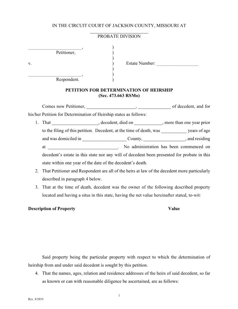 Petition For Determination Of Heirship | Pdf Fpdf Docx | Missouri