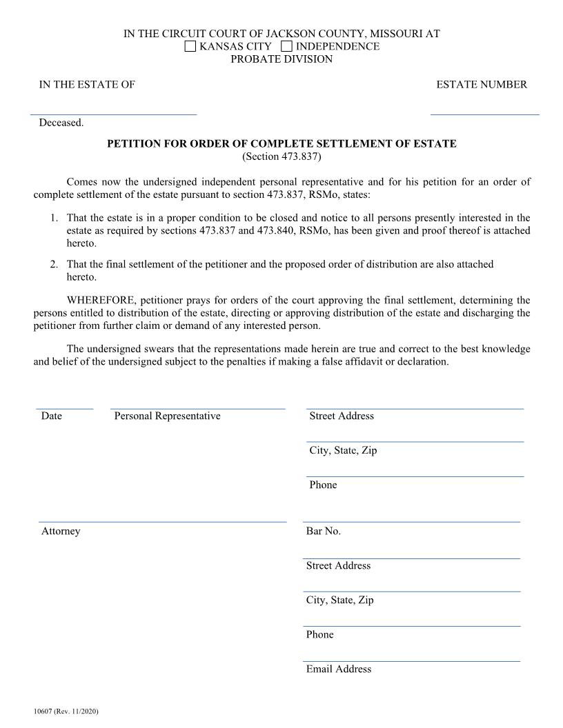 Petition For Order Of Complete Settlement Of Estate {10607} | Pdf Fpdf Doc Docx | Missouri