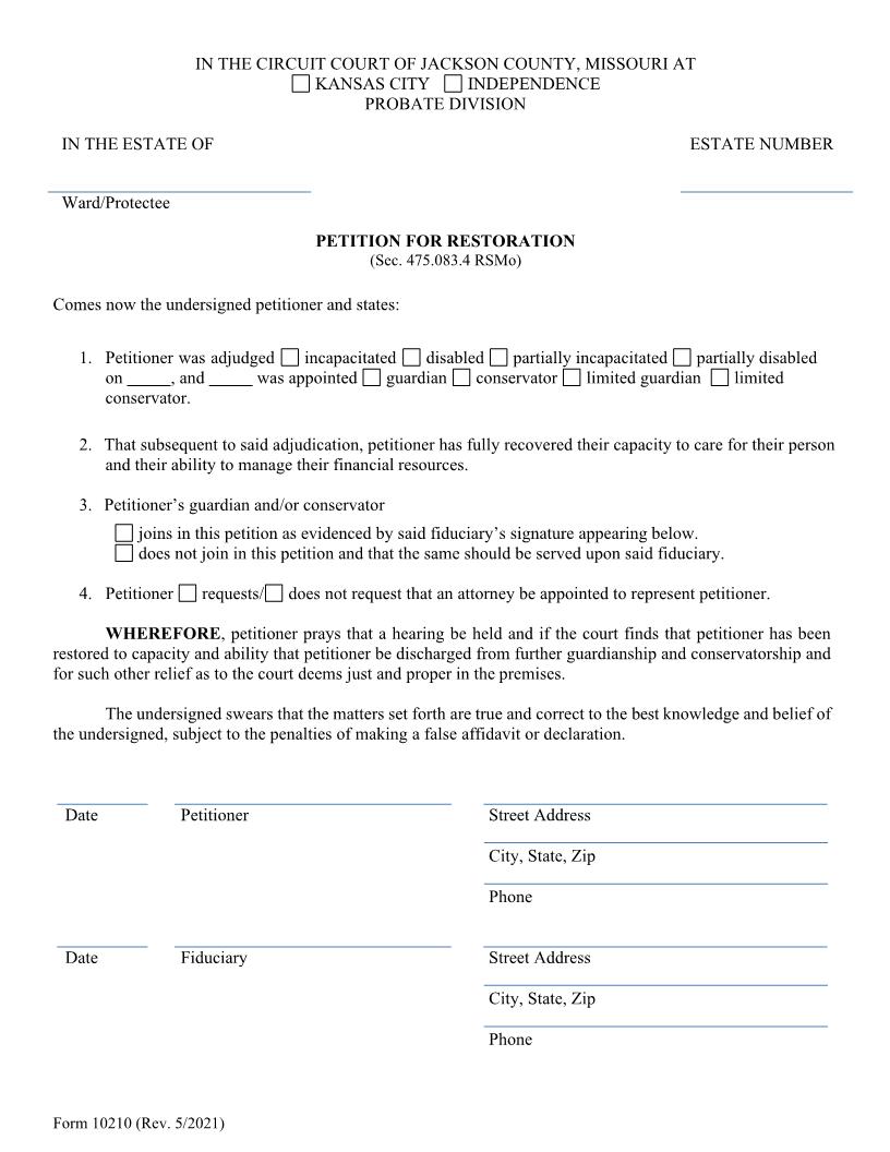 Petition For Restoration {10210} | Pdf Fpdf Doc Docx | Missouri