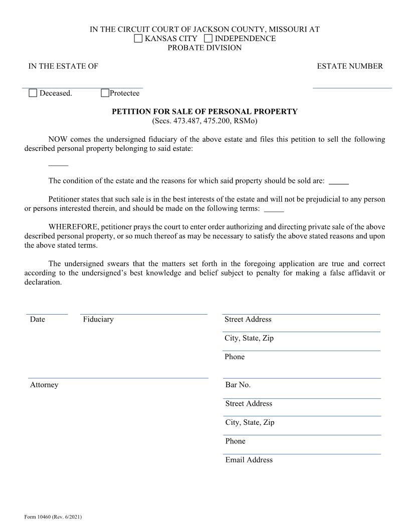Petition For Sale Of Personal Property {10460} | Pdf Fpdf Doc Docx | Missouri