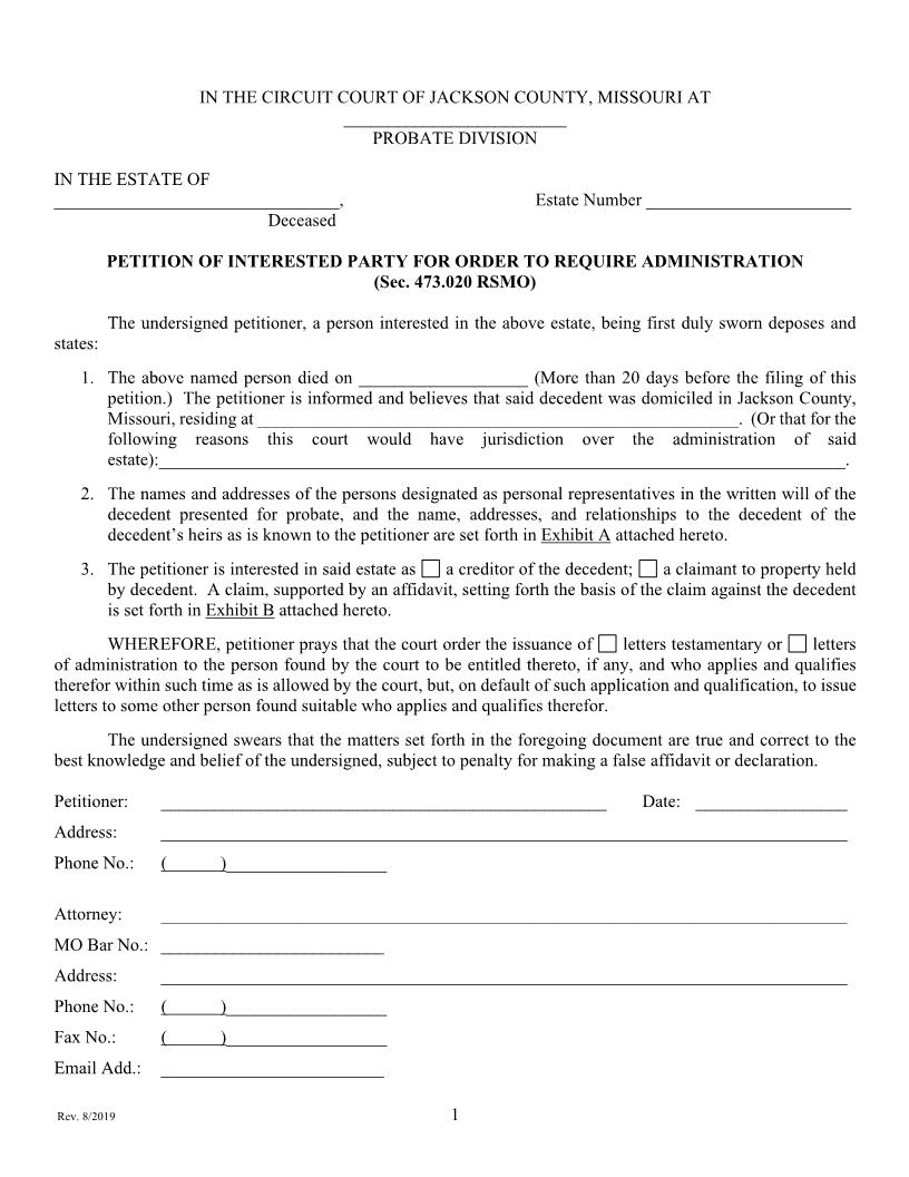 Petition Of Interested Party For Order To Require Administration {10001} | Pdf Fpdf Doc Docx | Missouri