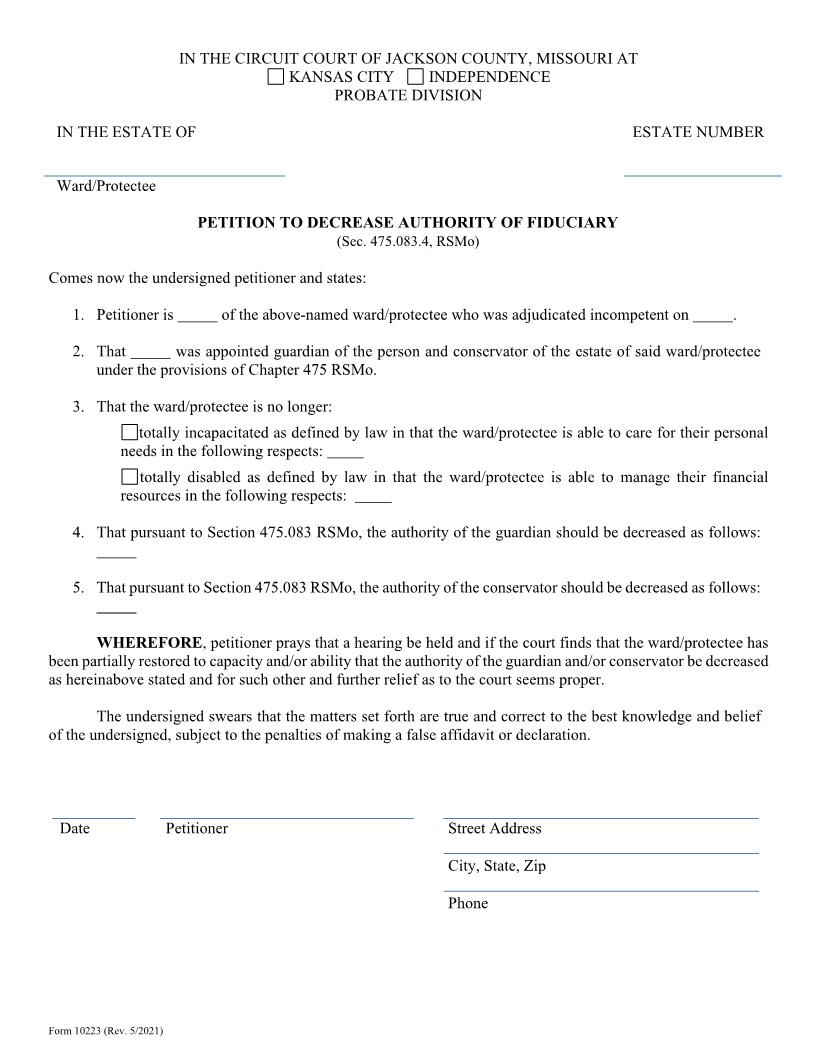 Petition To Decrease Authority Of Fiduciary {10223} | Pdf Fpdf Doc Docx | Missouri