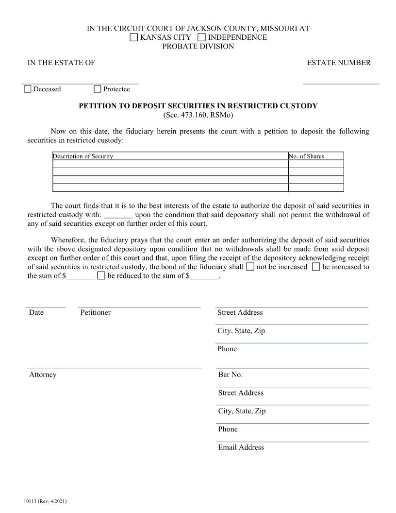Petition To Deposit Securities In Restricted Custody {10113} | Pdf Fpdf Doc Docx | Missouri