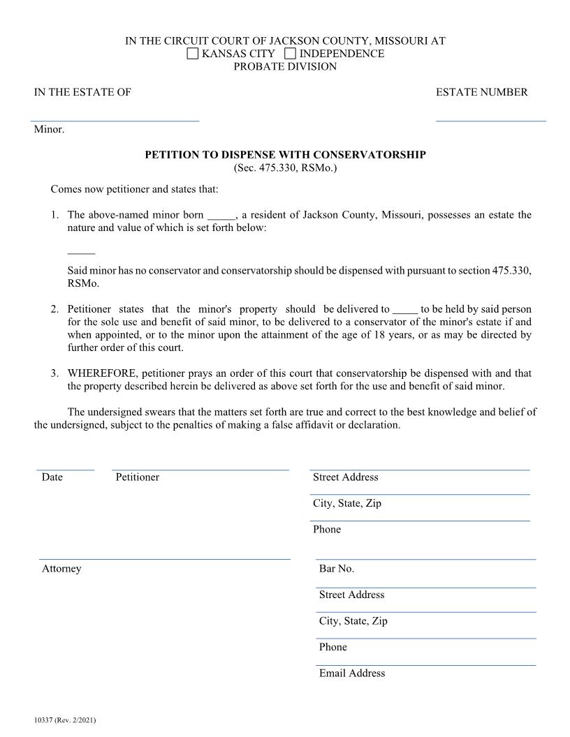 Petition To Dispense With Conservatorship {10337} | Pdf Fpdf Doc Docx | Missouri