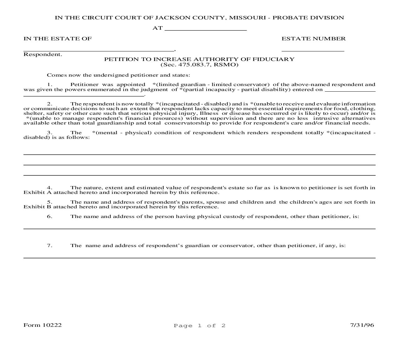 Petition To Increase Authority Of Fiduciary {10222} | Pdf Fpdf Doc Docx | Missouri