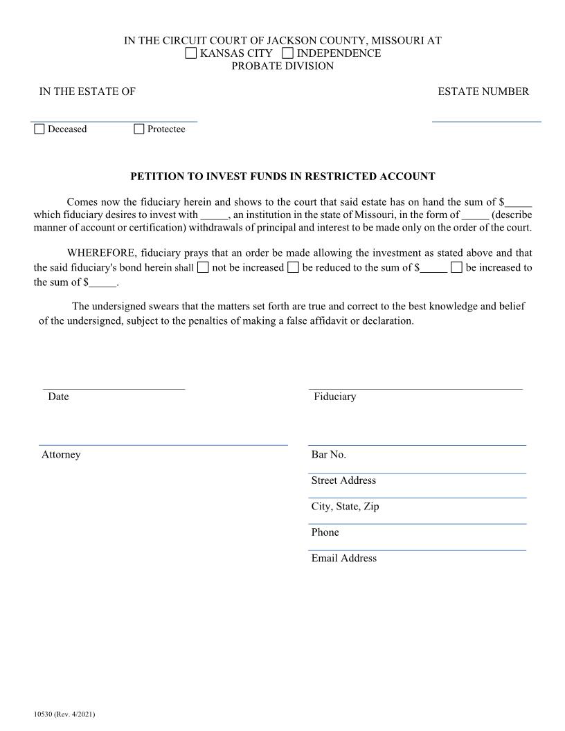 Petition To Invest Funds In Restricted Account {10530} | Pdf Fpdf Doc Docx | Missouri
