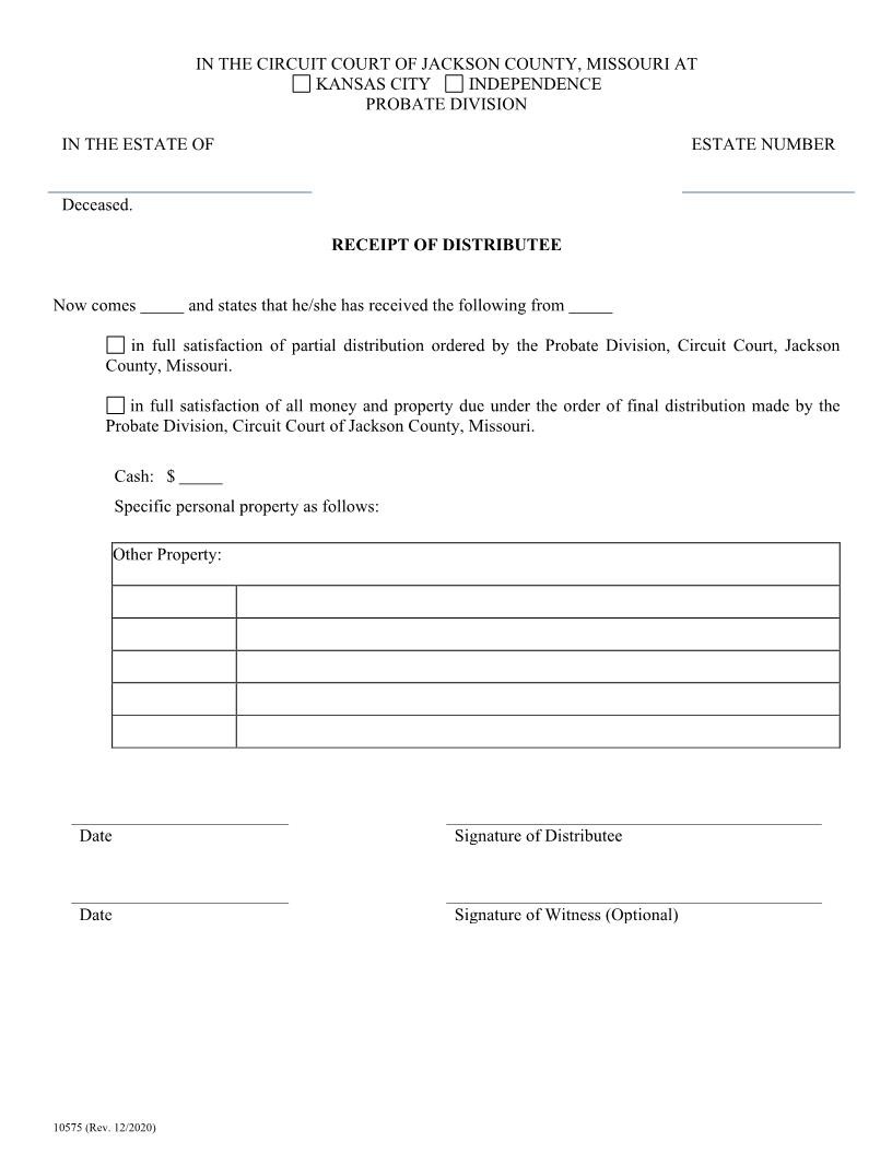 Receipt Of Distributee {10575} | Pdf Fpdf Doc Docx | Missouri