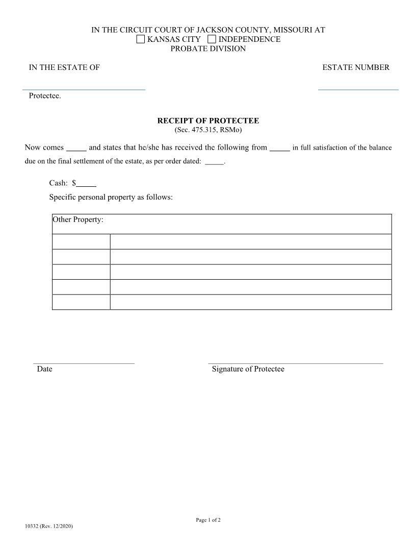 Receipt Of Protectee {10332} | Pdf Fpdf Doc Docx | Missouri