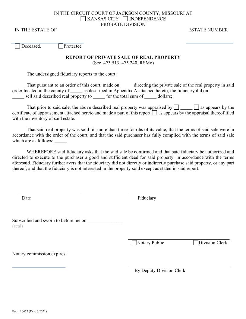 Report Of Private Sale Of Real Property {10477} | Pdf Fpdf Doc Docx | Missouri