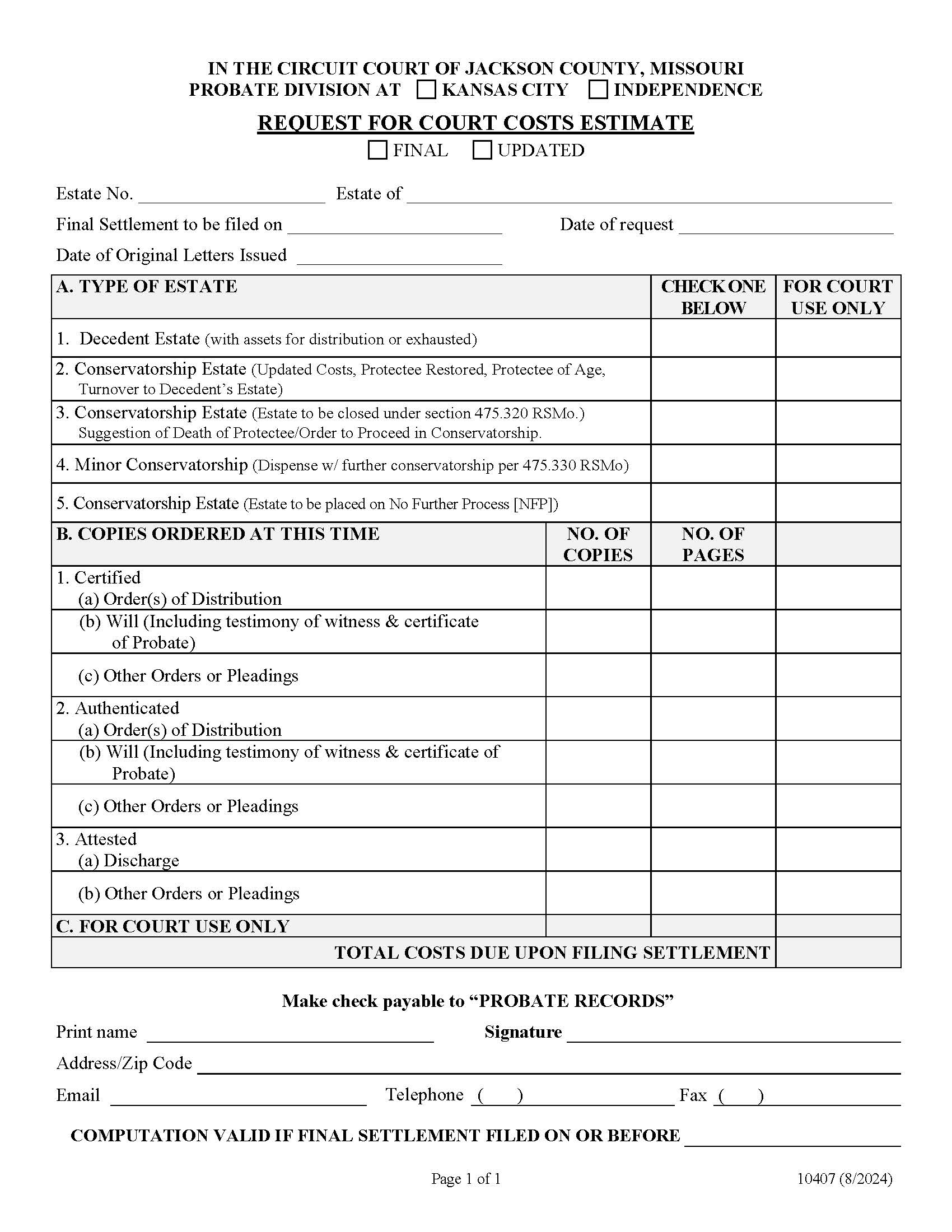 Request For Final Court Costs Estimate {10407} | Pdf Fpdf Doc Docx | Missouri