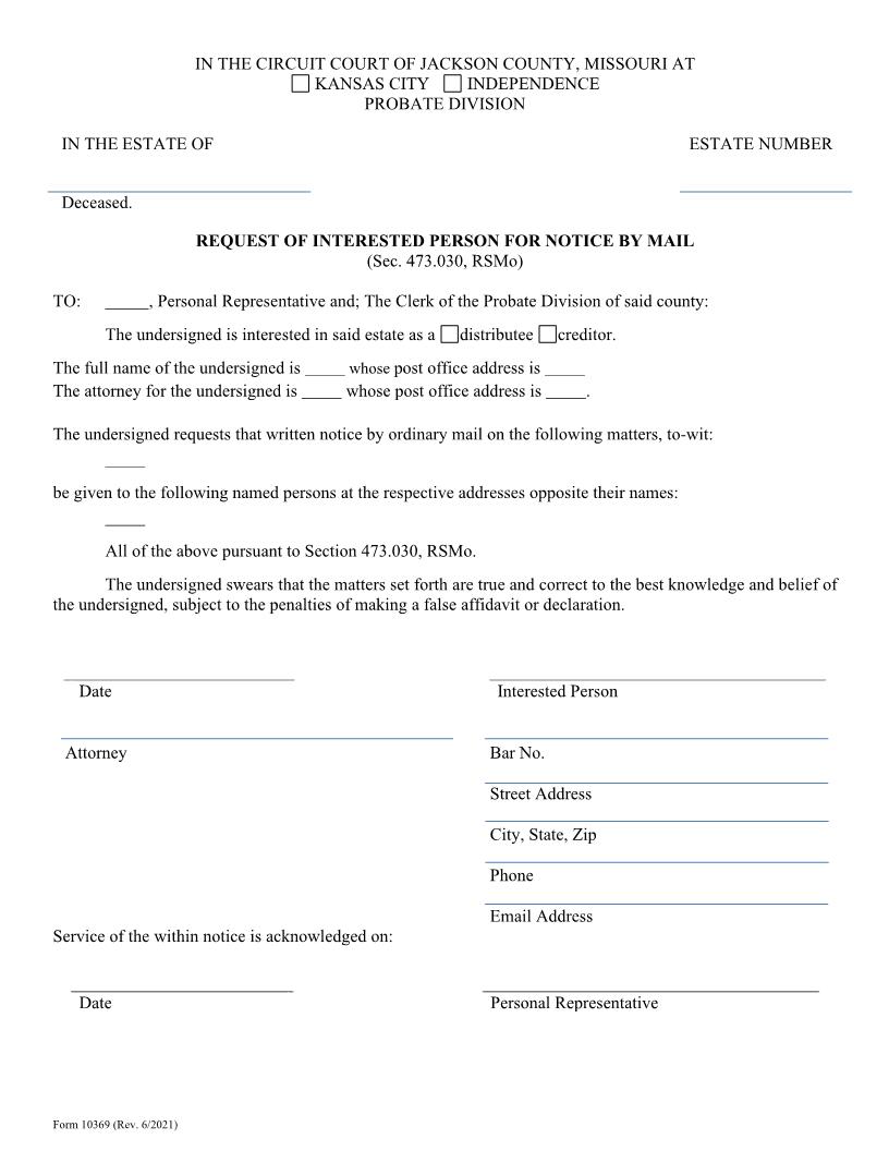 Request Of Interested Person For Notice By Mail {10369} | Pdf Fpdf Doc Docx | Missouri
