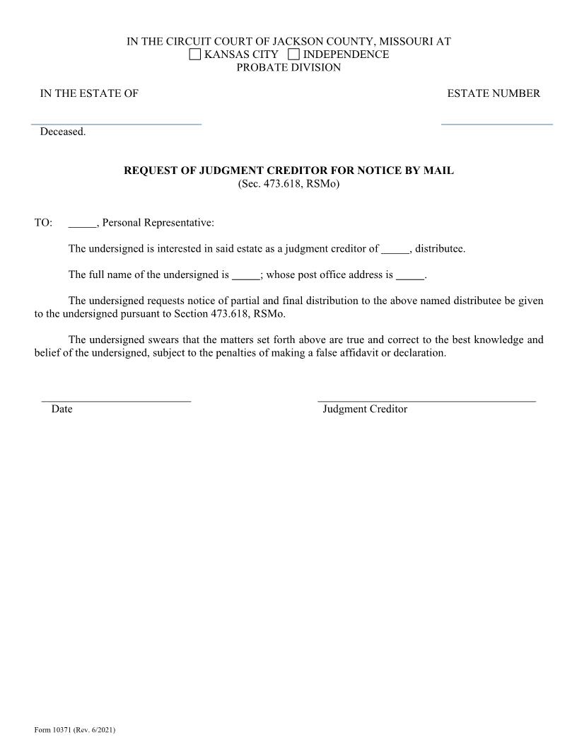 Request Of Judgment Creditor For Notice By Mail {10371} | Pdf Fpdf Doc Docx | Missouri