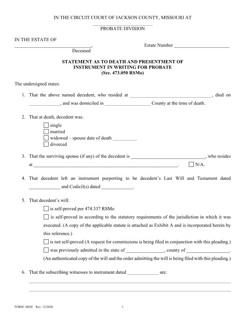 Statement As To Death And Presentment Of Instrument In Writing For Probate {10050} | Pdf Fpdf Doc Docx | Missouri