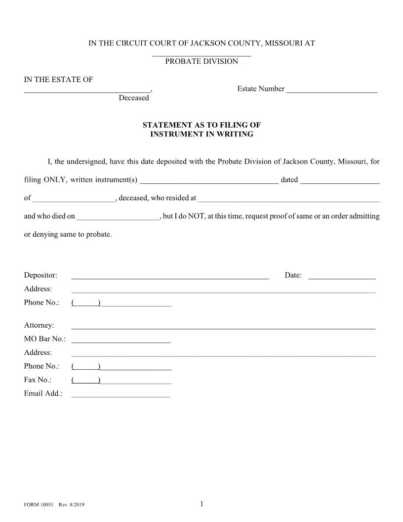 Statement As To Filing Of Instrument In Writing {10051} | Pdf Fpdf Doc Docx | Missouri