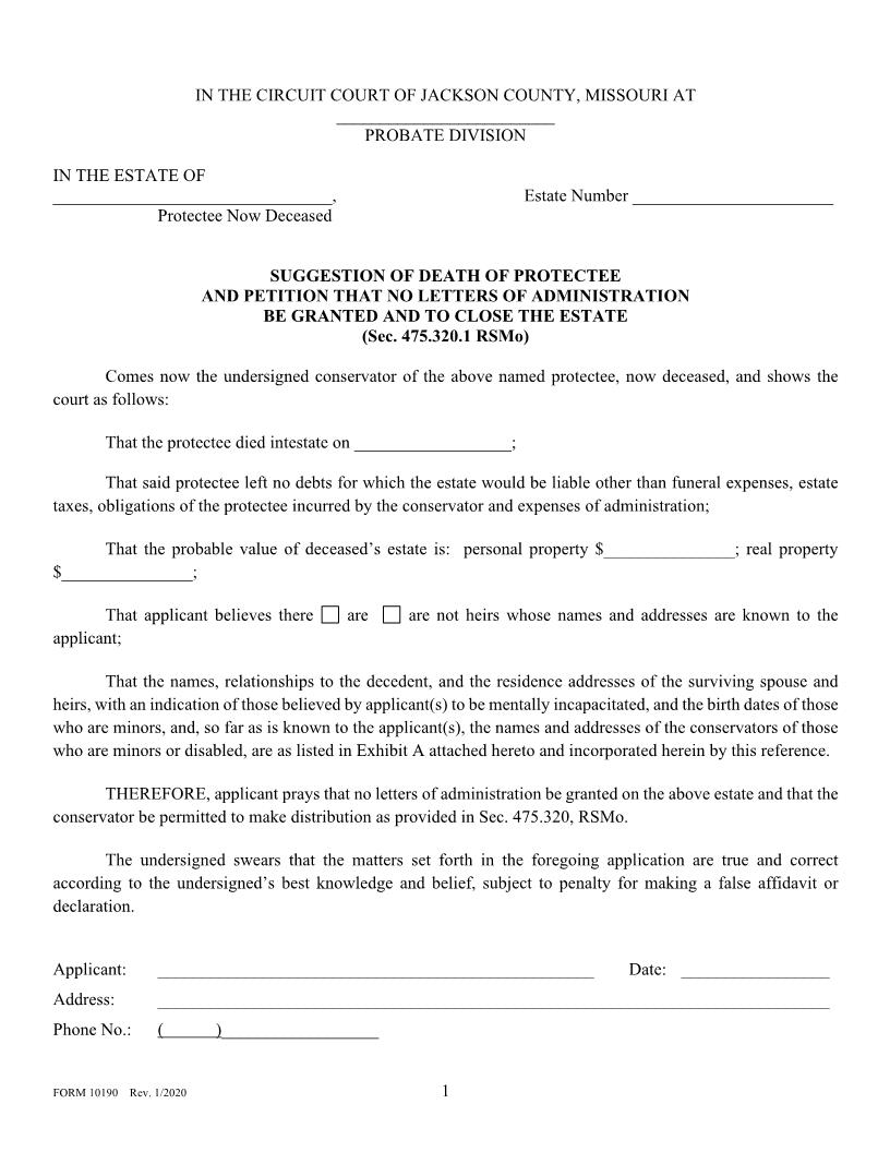Suggestion Of Death Of Protectee And Petition That Letters Of Administration Be Granted {10190} | Pdf Fpdf Doc Docx | Missouri