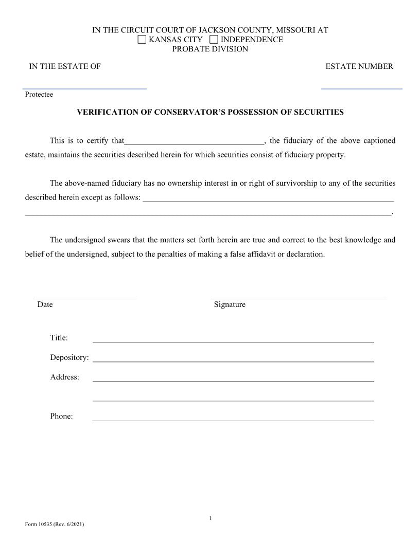 Verification Of Conservators Possession Of Securities {10535} | Pdf Fpdf Doc Docx | Missouri